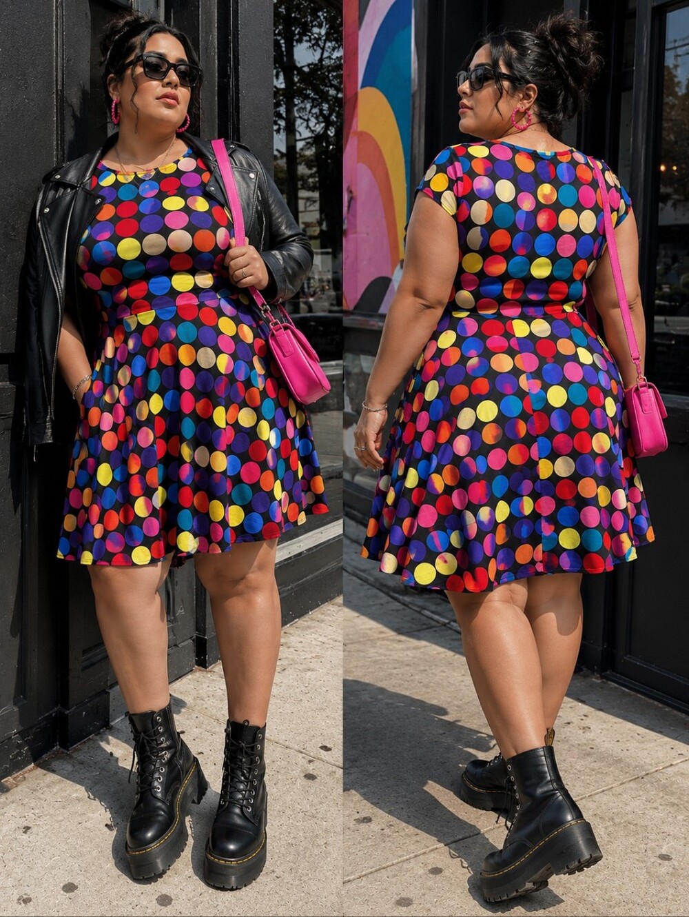 Plus Size Black Polka Dot Skater Skirt — Multicolor Dots